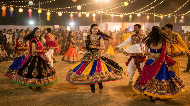 People dancing Garba in traditional Indian attire at night festival.
