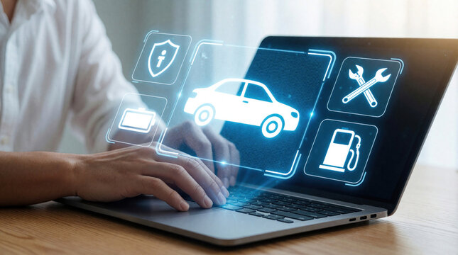 Man uses laptop to manage car insurance, auto service online. Digital interface shows vehicle maintenance icons like battery, fuel, repair tools. User controls mobile app for car protection, roadside