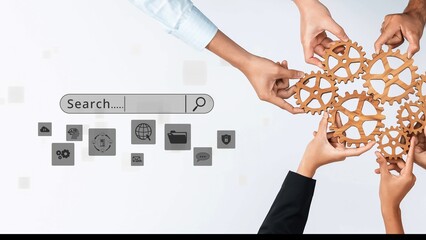 Obraz premium Hands of diverse individuals unite over interlocking gears, symbolizing teamwork and collaboration in a business setting, fostering innovation and problem-solving skills. Raster