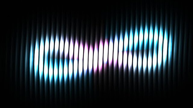 Glowing neon infinity symbol animation with colorful light pulse energy flowing through vertical grill lines on black