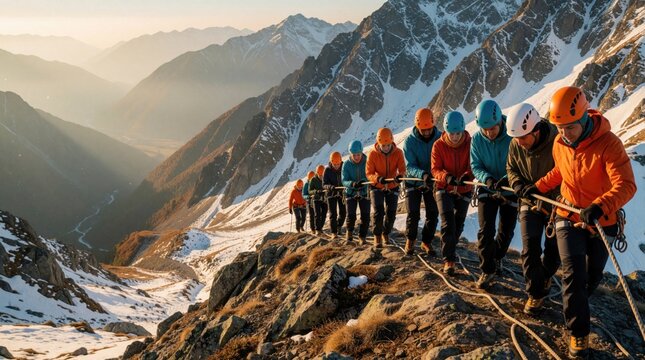 Diverse team members climb steep mountain ridge using safety ropes. Group of hikers help navigate rocky terrain in snowy landscape. Pro climbers cooperate to overcome difficult obstacles during