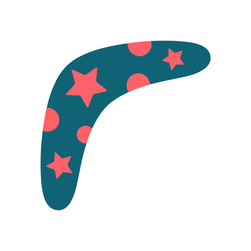 Teal boomerang with red stars and dots pattern