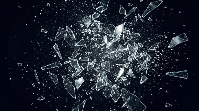 Exploding transparent glass shards flying in air isolated on black background