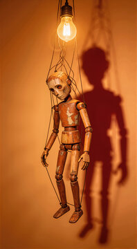Aged wooden marionette puppet hanging from tangled strings. Vertical photo of a vintage toy under a glowing lightbulb casting a shadow