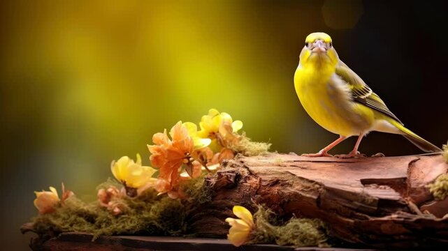 Small Yellow Siskin Bird Perched on a Mossy Log with Spring Flowers