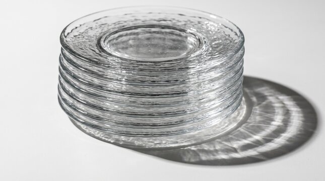 Stack of clear glass plates with textured edges on a white background