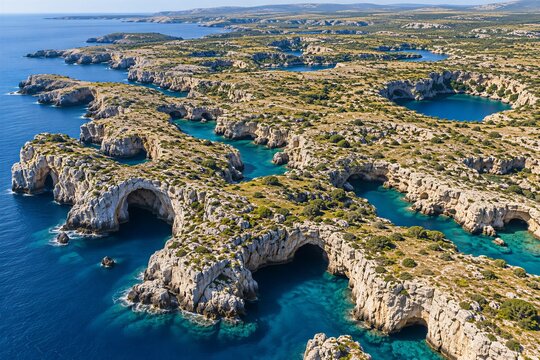Emerald Caldera Coast with rocky cliffs and turquoise waters  