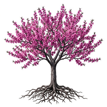 Flowering Plum tree, purple-pink blossoms and dark foliage, exposed roots, 11 ratio, isolated white background, ultra realistic 8K botanical photography, sharp focus, no shadow