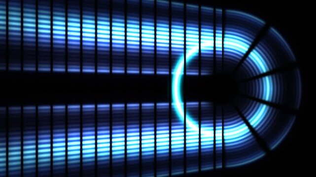 Glowing blue LED audio equalizer bars pulsing along curved dynamic visual track on dark background