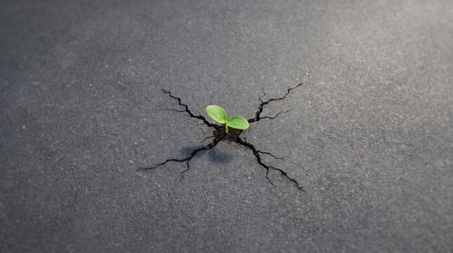 A small green sprout growing through a crack in the asphalt