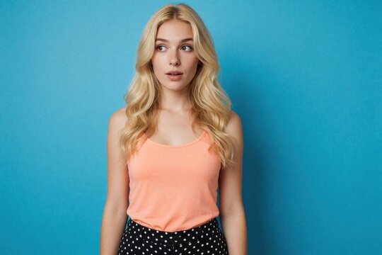 Young blonde woman in peach tank top looks aside with surprised facial expression. Pretty caucasian girl makes shock gesture against solid blue background. Beautiful female model shows wow emotion,