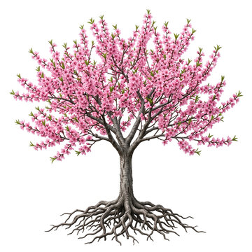 Flowering Peach tree, pink blossoms, exposed roots, 11 ratio, isolated white background, ultra realistic 8K botanical photography, detailed bark and flowers, no shadow, no text