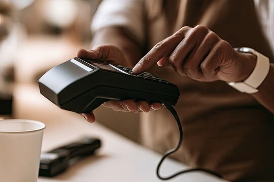Person's fingers press buttons on a portable payment terminal on a counter