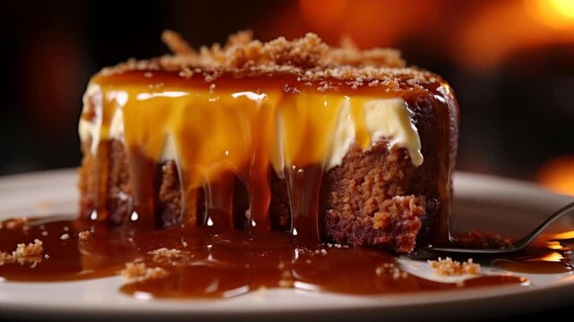 Caramel Sauce Drizzled Over a Layered Cake Dessert