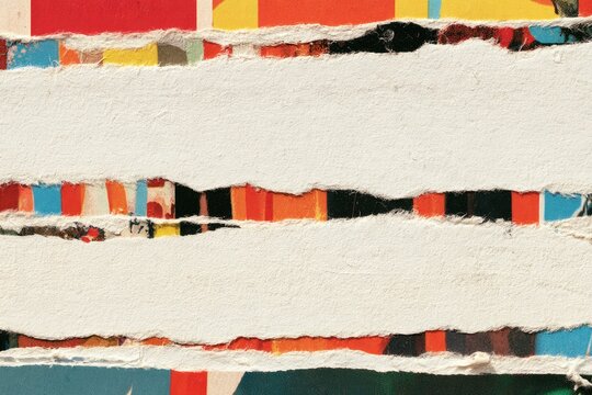 Torn paper strips reveal vibrant, abstract layers of color and texture
