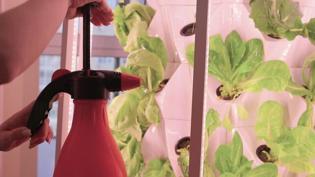 Woman refreshing mirror with spray. Casual woman cleaning mirror with spray in bright room. Relaxed woman using spray to clean mirror on vanity during peaceful morning routine
