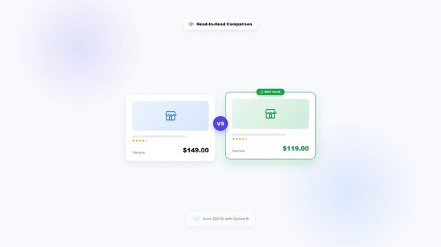 Head-to-head price comparison animation showing two product options with best value tag, isolated on white background