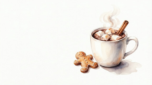 Watercolor painting illustration of hot cocoa with marshmallows and a cinnamon stick, accompanied by a gingerbread man cookie, with copy space.
