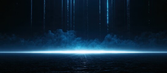 Fototapeta premium Ethereal blue light pierces darkness with smoky tendrils and glowing lines