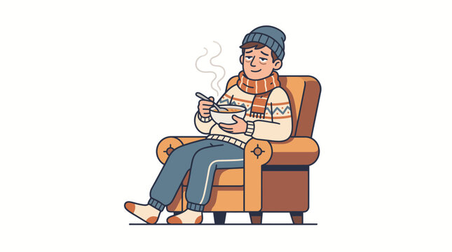 A cozy man sitting in an armchair eating a warm bowl of soup during winter.