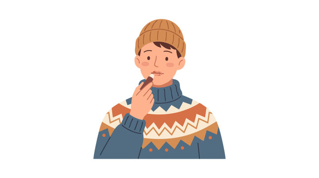 A young man wearing a winter sweater and beanie applying lip balm to his lips.