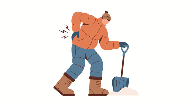 Man suffering from lower back pain while shoveling snow in winter.