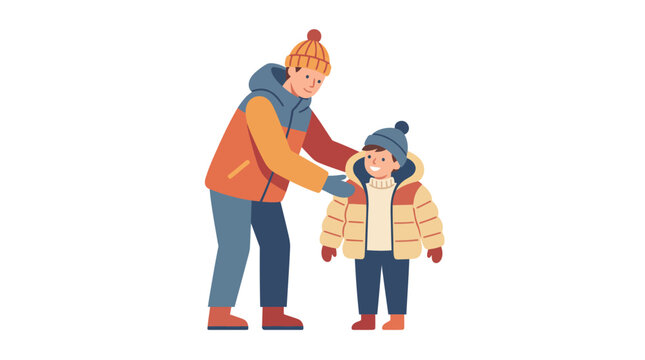 A caring parent helping their young child put on a warm winter jacket.