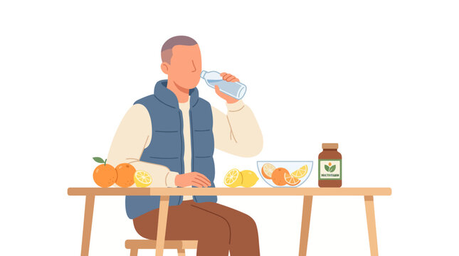A man sitting at a table drinking water with vitamins and fresh fruit.