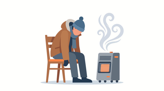 A man sitting on a chair warming himself in front of a portable heater.