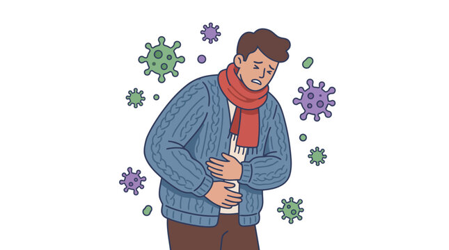 A sick man suffering from stomach pain and flu symptoms surrounded by virus particles.
