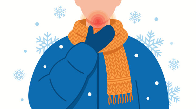 Person wearing a scarf feeling a sore throat during the cold winter season.