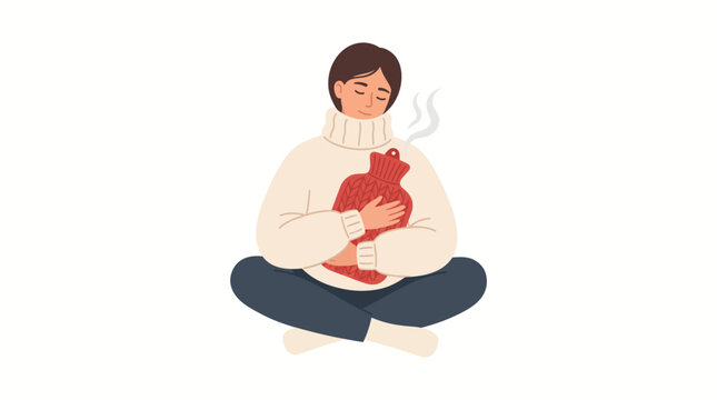 A young woman sitting in a lotus position holding a warm hot water bottle.