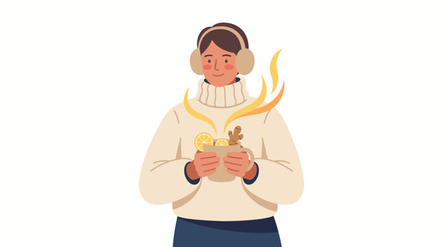 Young person wearing earmuffs and a sweater holding a steaming cup of hot beverage.