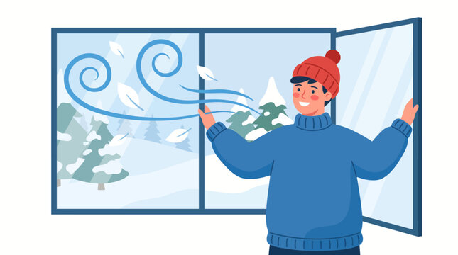 A young man in a warm sweater opening a window to let in the cold winter air.