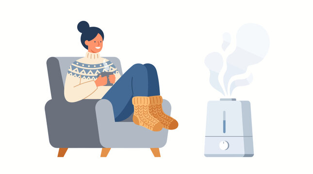 A young woman sitting in an armchair with a hot drink next to a humidifier.