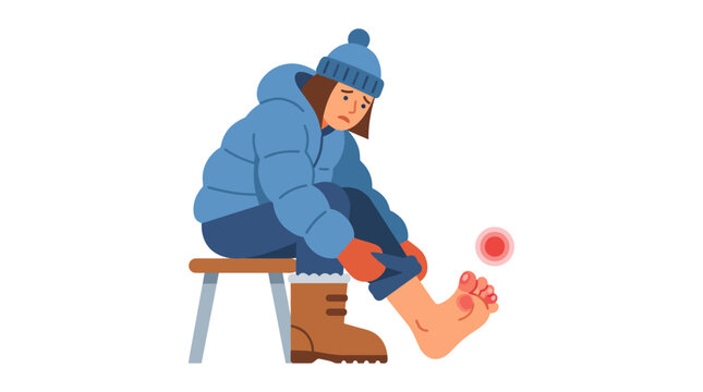 A woman in winter clothing feeling pain in her foot while sitting on a stool.