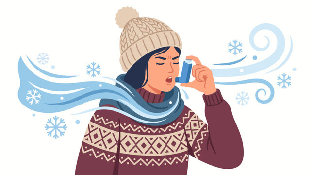 Young woman using an asthma inhaler during a cold winter day with snow.
