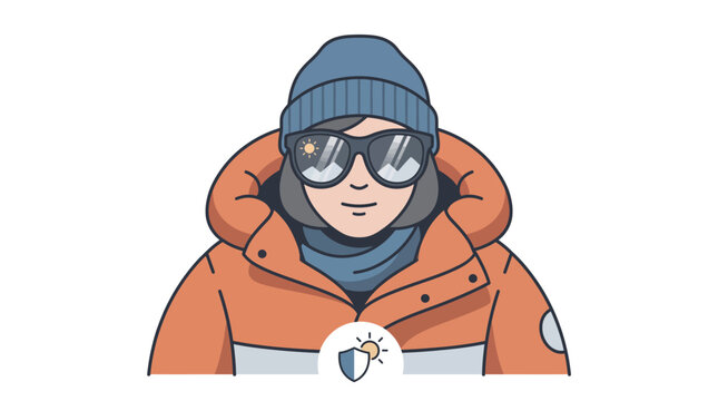 Illustration of a person wearing winter clothes and sunglasses for sun protection.