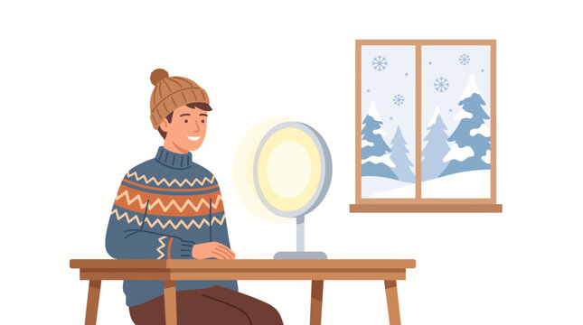 A young man sitting at a desk using a bright light therapy lamp during winter.