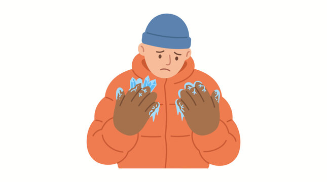 A person feeling very cold wearing a winter jacket and gloves with icicles on hands.