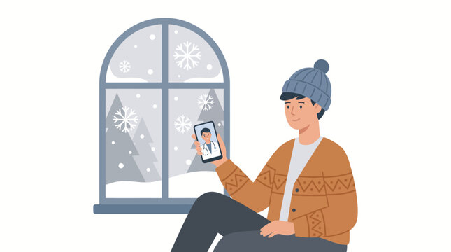 A young man wearing a winter hat having a telehealth video consultation with a doctor on his smartphone.