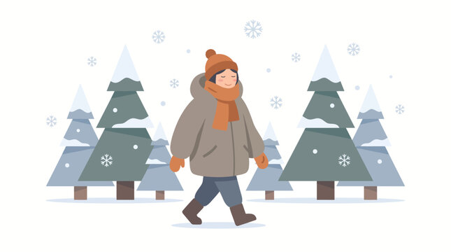 A cute cartoon illustration of a person walking through a snowy winter forest.