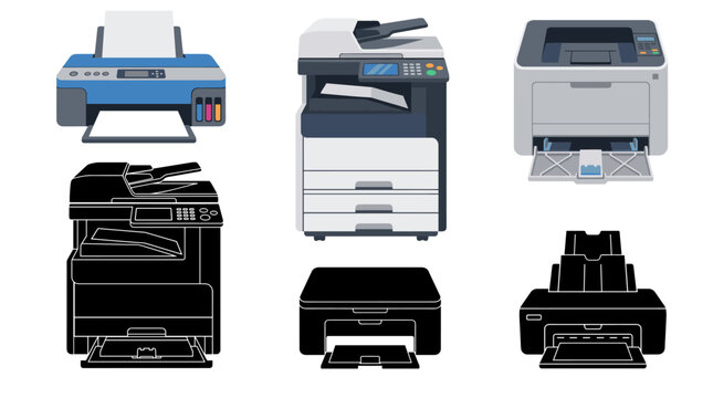 Set of vector printer arranged in a row, featuring both classic filled designs and simple line art outlines, isolated on a white background for office technology logos