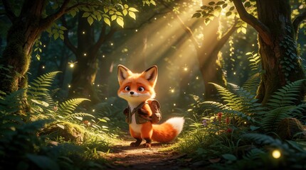 Obraz premium Cute baby fox wearing small backpack walks on forest path. Tiny red fox explores woodland with sun rays through trees. Magical nature scene with glowing fireflies, green ferns, vegetation in bright