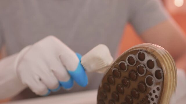 Gloved hands scrubbing suede boots, closeup of sponge lathering dirt and salt stains, patient circular motions, basin with foam, warm indoor lighting, home care scene