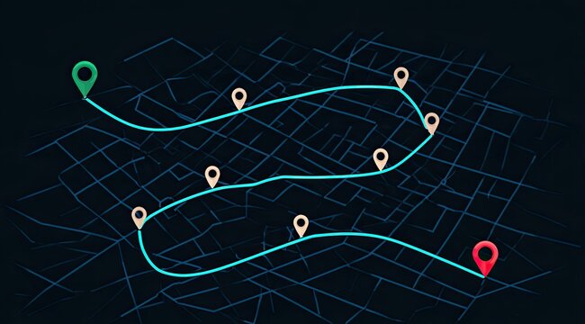 A luminous path with markers crosses a stylized, dark grid