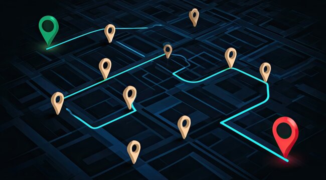 Digital map with a glowing path connecting multiple location markers