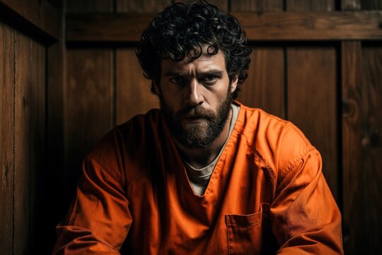 Serious man with beard wears orange jumpsuit in dark prison cell. Intense male prisoner sits alone against wooden wall with moody lighting. Criminal person looks at camera with stern facial