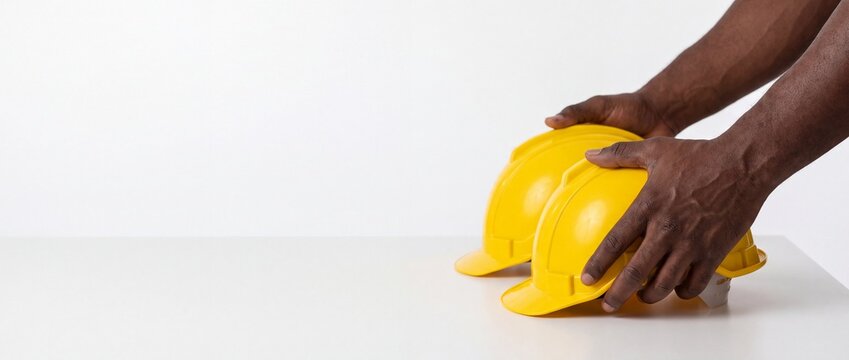A pair of yellow hard hats placed on a white table by a person