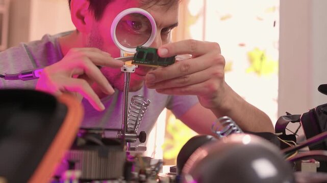 Scientist analyzes prototype circuit in creative workspace atmosphere. Innovator carefully tests experimental electronic device amidst vibrant studio setting with tools